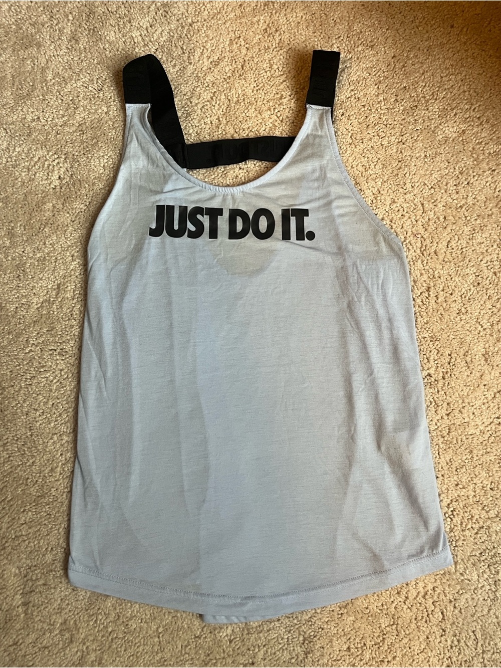 Nike Women's Light Blue Tank Top with Black Strap and 'Just Do It.' Print